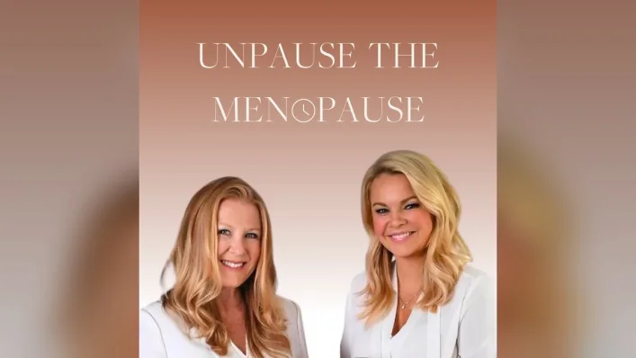 unpause-episode-art.jpg Episode artwork for Unpause the Menopause: two smiling blonde women in white tops on a warm brown background.