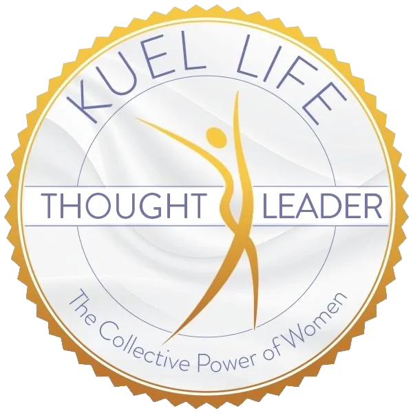 A gold-bordered circular badge reading 'Kuel Life, Thought Leader, The Collective Power of Women' around a golden figure.