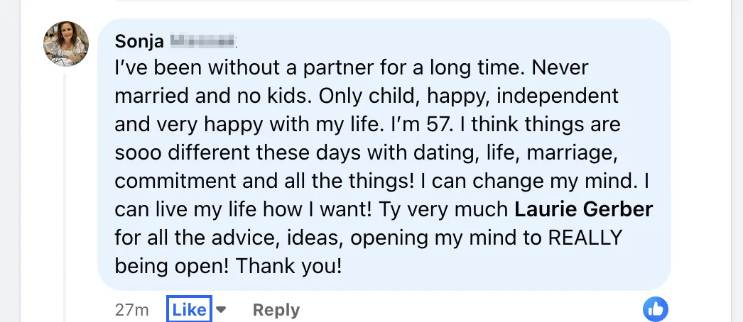 A Facebook comment from Sonja thanks Laurie Gerber for advice and says she is happy staying open at 57.