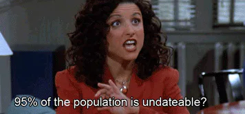 A woman asks '95% of the population is undateable?' then a sitcom man throws his arms out shouting 'UNDATEABLE!'