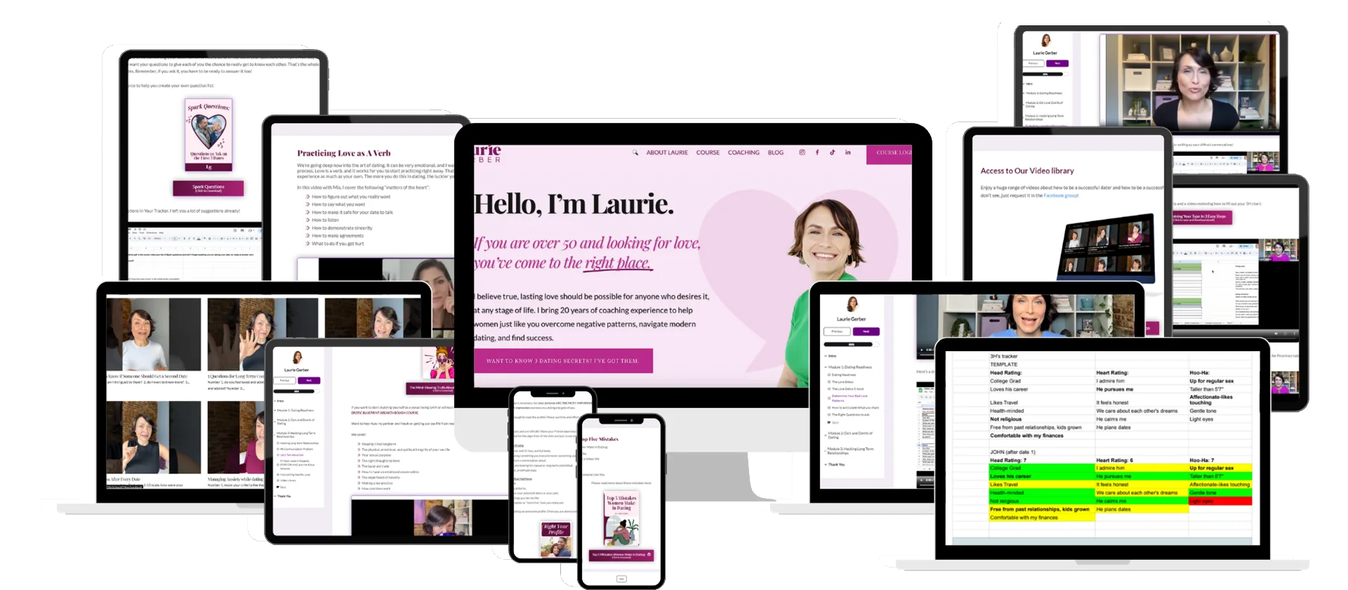 Multiple digital devices displaying coaching content for dating over 50.