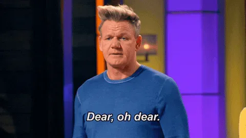 Oh+No+Cooking+GIF+by+FOX+TV.gif A man in a blue sweater winces and says 'Dear, oh dear.'