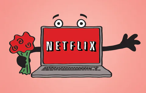 An animated Netflix laptop character with eyes and arms holds a bouquet of red roses.