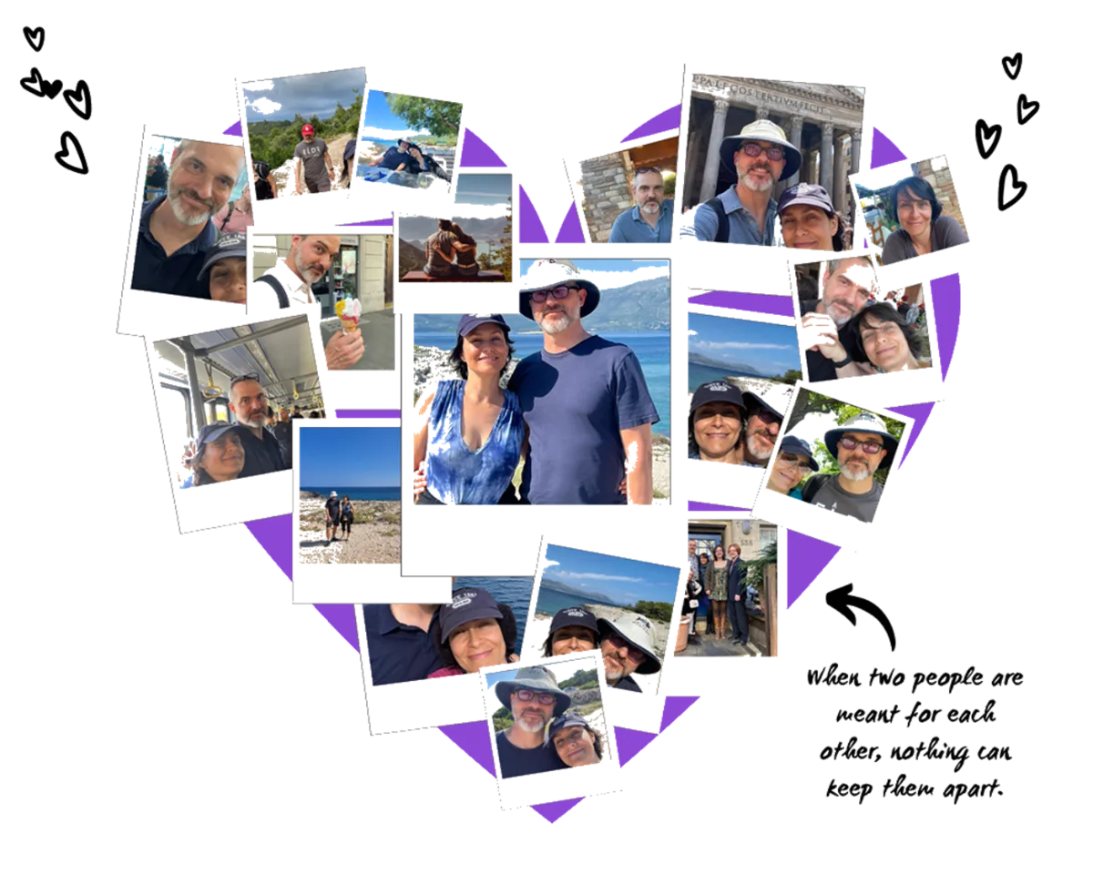 Heart-shaped collage of travel photos showing a couple together, with a caption about being meant for each other.