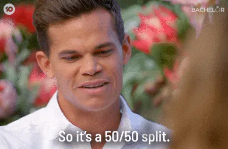 A man in a floral setting reacts with a raised brow as on-screen text reads 'So it's a 50/50 split.'