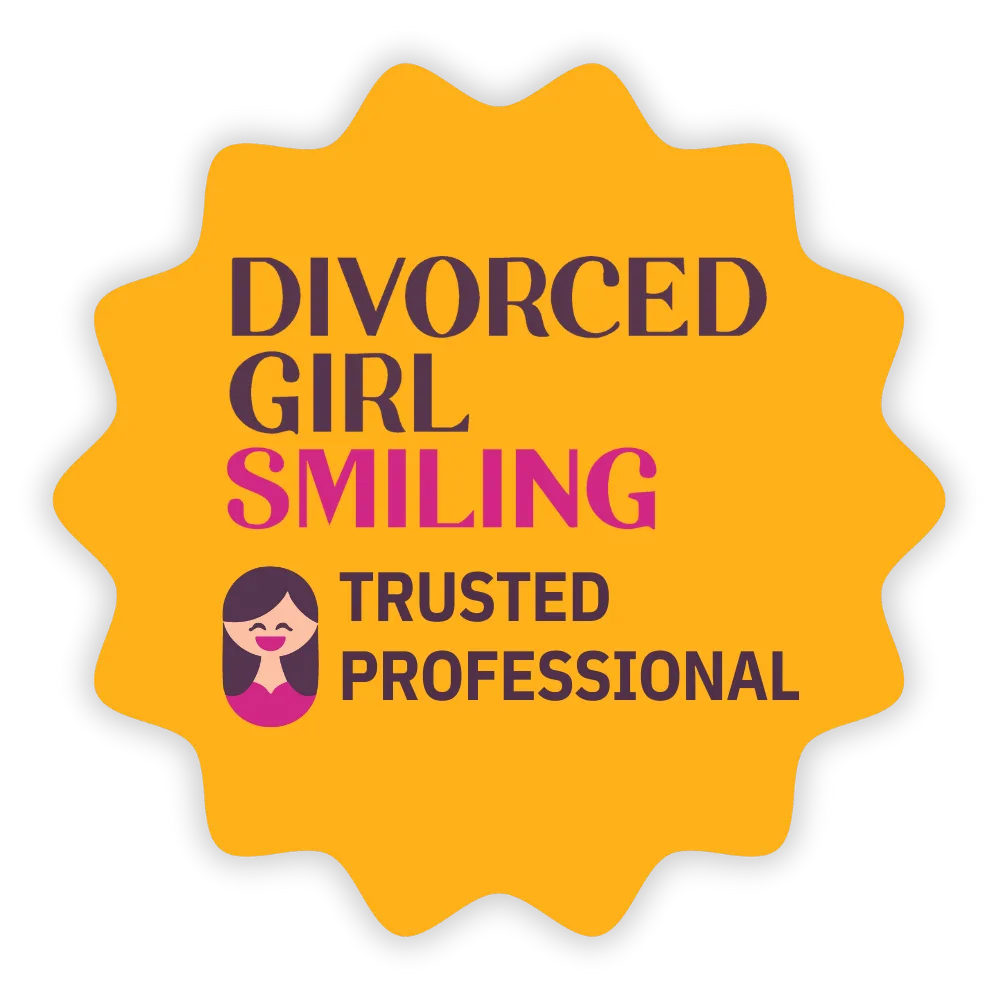 DSG-badge.png A yellow starburst badge reads 'Divorced Girl Smiling, Trusted Professional' beside a small cartoon woman icon.