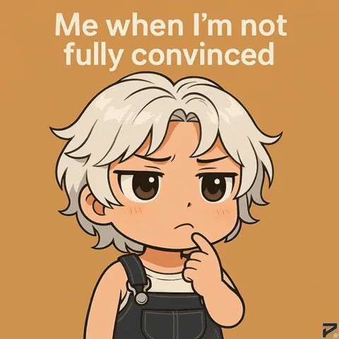 A cartoon boy with white hair touches his chin, captioned 'Me when I'm not fully convinced.'