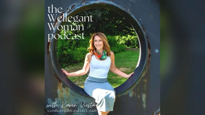 Artwork for The Wellegant Woman podcast with host Karen Viesta, a woman seated on a swing in a ring-shaped frame.