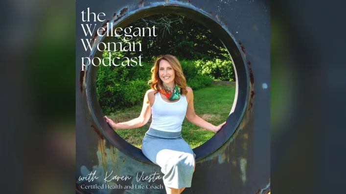 Wellegant Woman real art.jpg Artwork for The Wellegant Woman podcast with host Karen Viesta, a woman seated on a swing in a ring-shaped frame.