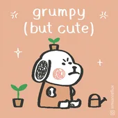 37ed84d2-584a-f62d-4e3e-4d7869fa23cd.gif A cartoon dog with a sprout on its head sulks, captioned 'grumpy (but cute).'
