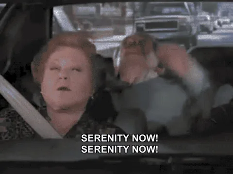 f1d71902-ef85-d6af-fce2-019ee11f3951.gif A woman and man in a car throw their hands up as the caption reads 'Serenity now!'