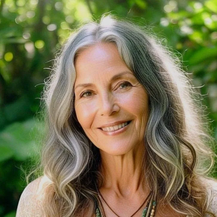 A smiling woman with long gray hair in an outdoor natural setting.
