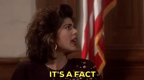 A woman with big permed hair in a courtroom insists 'It's a fact.'