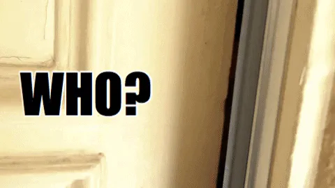 A woman peeks around a partially opened door beside the caption 'WHO?'