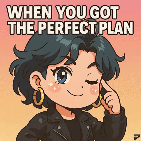 A cartoon woman with dark hair winks and points to her temple, captioned 'When you got the perfect plan.'