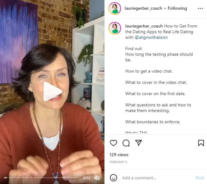 An Instagram video thumbnail of Laurie Gerber sitting near a bookshelf and plants, with a play button overlay.