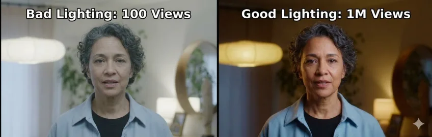 lighting.png A split screen compares dim lighting labeled 'Bad Lighting: 100 Views' with warm lighting labeled 'Good Lighting: 1M Views.'