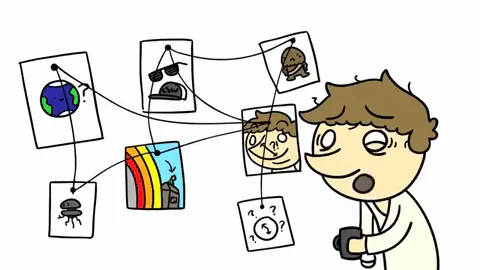 Star+Wars+Thread+GIF+by+Achievement+Hunter.gif A cartoon man in a bathrobe stands amid images tethered to his head, including earth, sunglasses and a hairy creature.