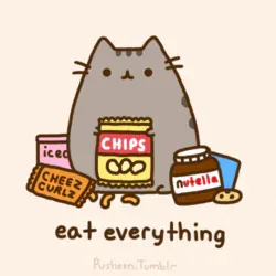4874053a-0fa7-2c55-9f8e-d259cee3ed1e.gif Illustrated gray cat surrounded by snacks with text 'eat everything.'