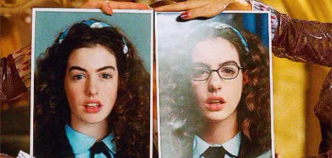 Glow+Up+Anne+Hathaway+GIF.gif Photos of a young woman in glasses and curly hair are held beside a glammed up version of the same person.
