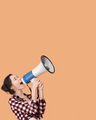 A woman holds a megaphone to her mouth as bold text builds up to read 'We call BS.'