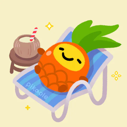 A round orange animated character lies on a beach lounger drinking from a coconut, framed by palm leaves.