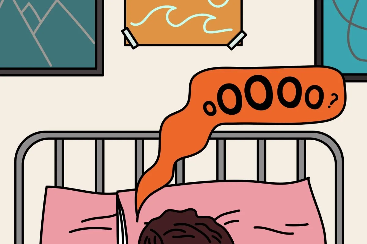 39411eda-a004-8272-95af-627a6c7e4d92.jpg Illustration of a person in bed under a pink blanket with an orange speech bubble reading 'oOOOo?'
