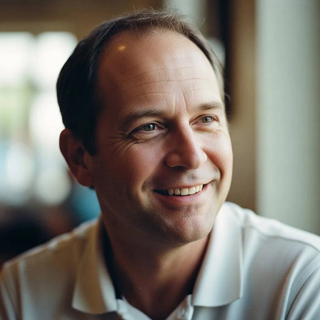 Image_fx.png A smiling man with short dark hair wears a white collared shirt, seated near a sunlit window.