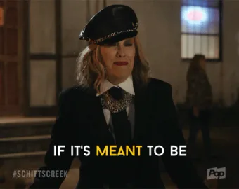 eugene+levy+pop+GIF+by+Schitt's+Creek.gif A woman in a leather cap dances and sings, captioned 'If it's meant to be, they'll come around.'