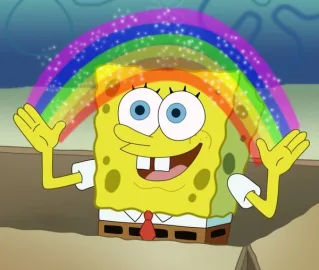 SpongeBob raises his hands beneath a sparkling rainbow, in the classic 'imagination' meme pose.