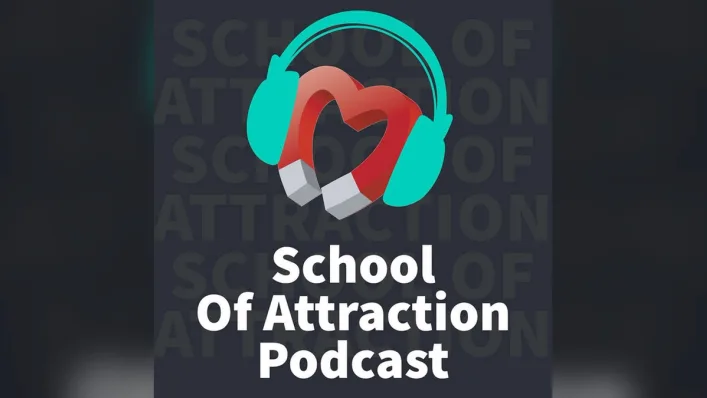 Logo for the School of Attraction Podcast, a headphones and magnet icon over faded repeated text.