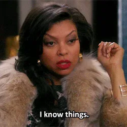 Sassy+Taraji+P+Henson+GIF.gif A woman in a fur-trimmed coat raises a fist and says 'I know things.'