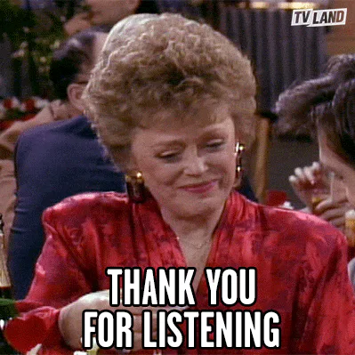 A woman with short curly hair in a red silk blouse raises a glass and smiles, captioned 'Thank you for listening.'
