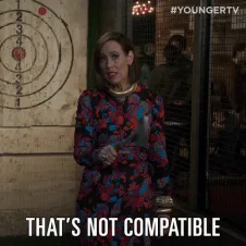 Miriamshor+Dianatrout+GIF+by+YoungerTV.gif A woman in a floral dress holds a hatchet at an axe throwing range and says 'That's not compatible.'