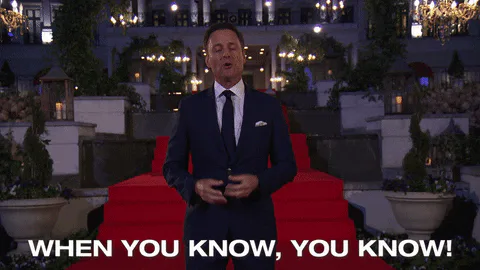 A man in a navy suit stands on red-carpeted steps and says 'When you know, you know!'