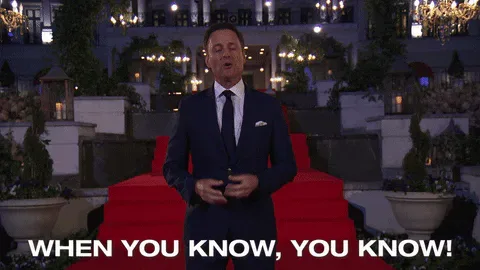 Season+25+Abc+GIF+by+The+Bachelor.gif A man in a navy suit stands on red-carpeted steps and says 'When you know, you know!'
