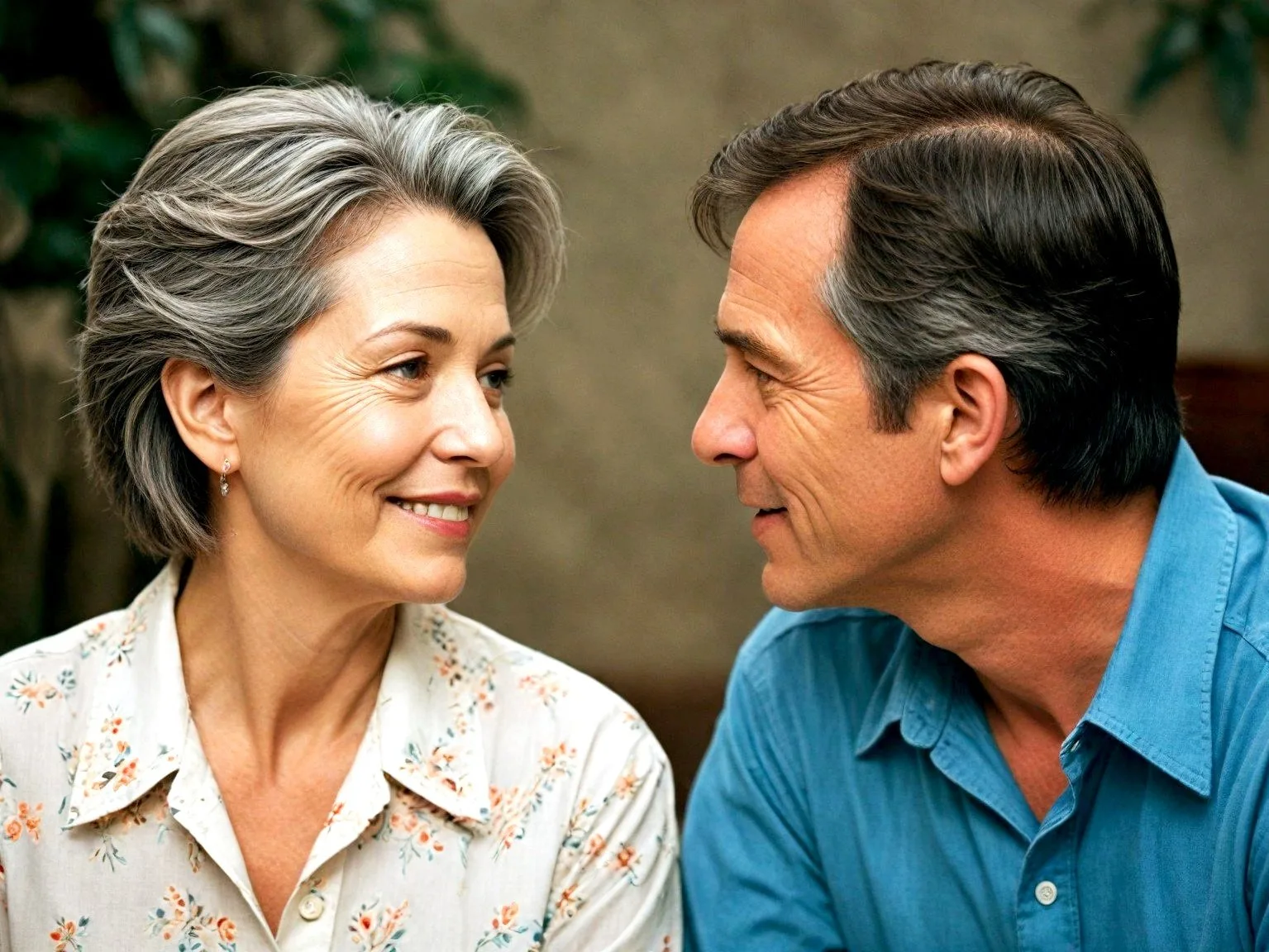 An older couple smile at each other closely, the woman in a floral blouse and the man in a blue shirt.