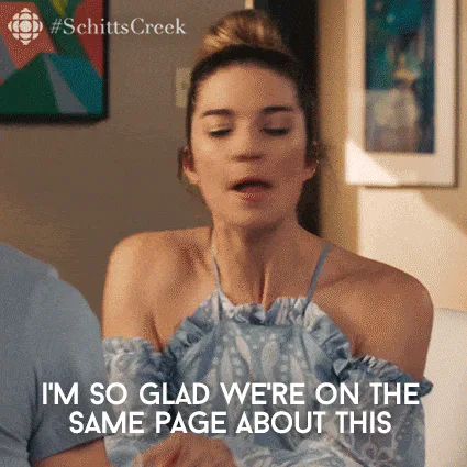 A woman tells a man she's glad they are on the same page, and he asks 'And what page is that?'