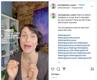 7721e041-8310-b2c0-db72-d6f144c53eab.png Instagram post from Laurie Gerber's coaching account, captioned 'Here are four steps you can follow to help.'