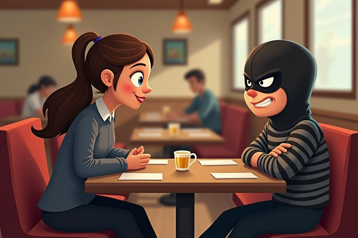 getimg_ai_img-rcYdeP2X2mFKK9ZUziMip.jpeg A cartoon illustration shows a smiling woman across a cafe table from a scowling masked man with his arms crossed.