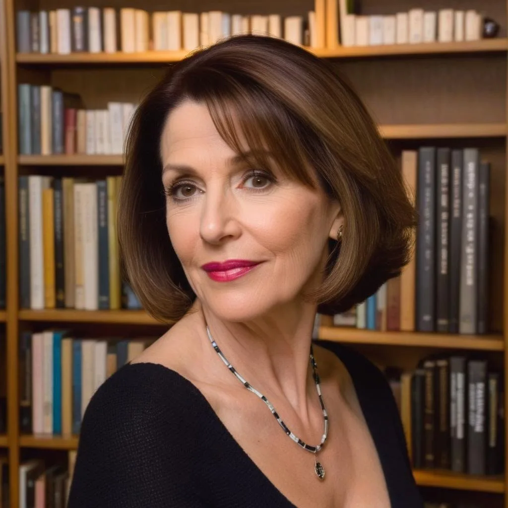 Woman with short brown hair and red lipstick standing in front of shelves of books, wearing a black top and a necklace.