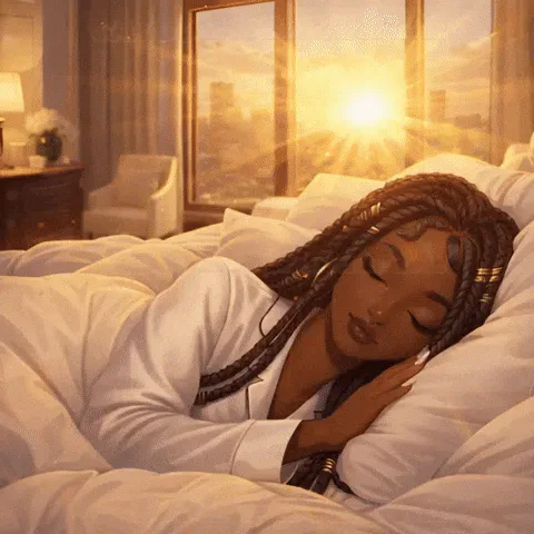 Good+Morning+GIF.gif An illustrated woman with braided hair stretches awake in bed at sunrise, captioned 'Good morning.'