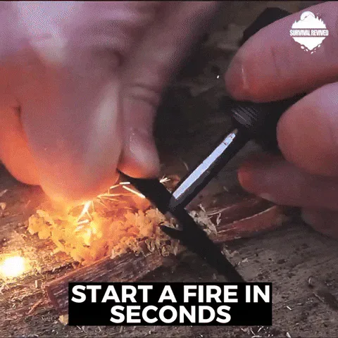 Fire+Steel+GIF+by+SURVIVAL+REVIVED.gif A hand strikes a ferro rod over tinder as text reads 'Start a fire in seconds.'