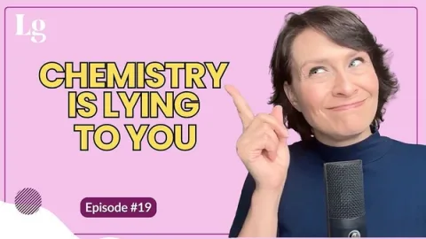 Laurie smiles and points upward beside the words “Chemistry Is Lying to You,” Love at Any Age Episode 19.