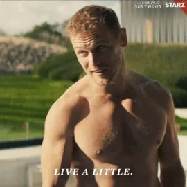 Loosen+Up+Season+1+GIF+by+STARZ.gif A shirtless man stands outside near a lawn and says 'Live a little.'