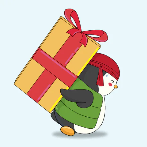 An animated penguin in a red headband struggles to carry an oversized wrapped gift, sweating with effort.