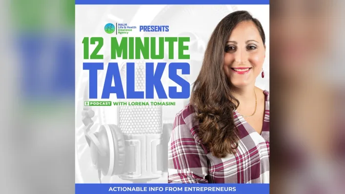 Podcast artwork for 12 Minute Talks with Lorena Tomasini, actionable info for entrepreneurs: a smiling woman with dark wavy hair in a plaid shirt beside the show title.