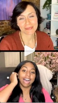 A split screen shows two women on a video call, one in a colorful room and one near pink flowers.
